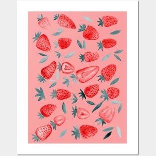 Watercolors strawberries - red and teal on pink Posters and Art